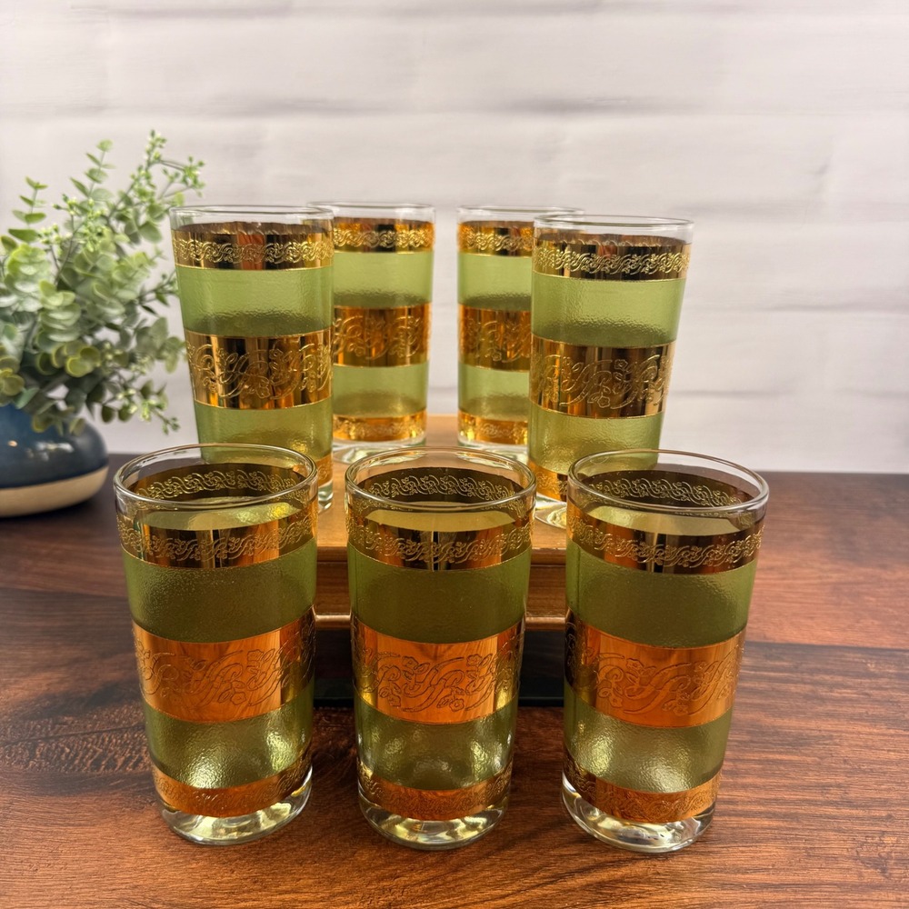 Starlyte Culver Green 22K Gold Highball Glasses Set of 7
